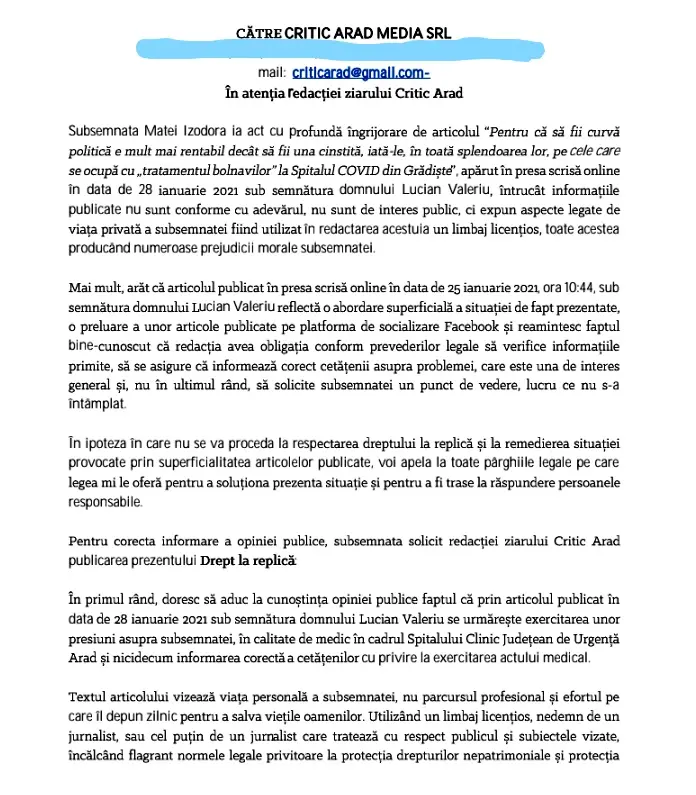 „Subsemnata Matei Izodora” - DREPT LA REPLICĂ