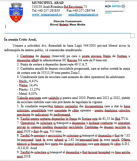 [ACTUALIZARE] Răspunsul Primăriei Arad la întrebările adresate pe tema colectării selective a gunoiului 