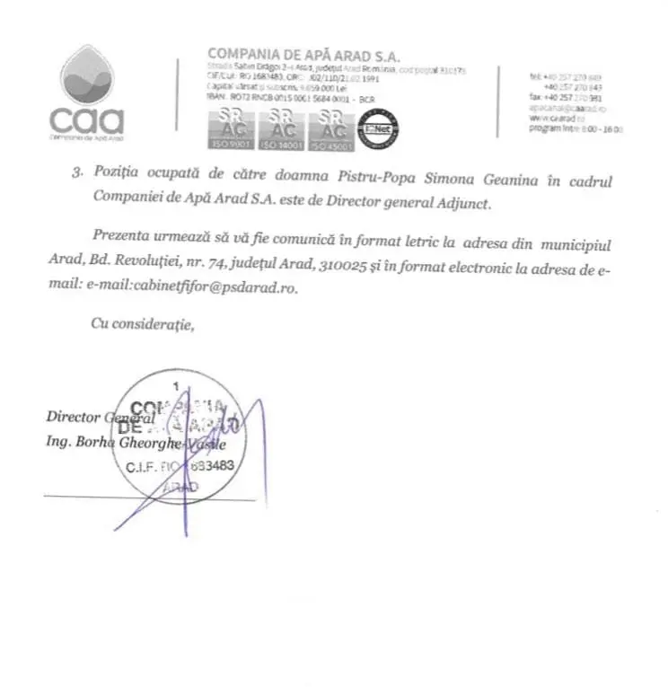 Geanina Pistru ocupă funcția de DIRECTOR ADJUNCT al Companiei de Apă încă din 25 noiembrie 2020