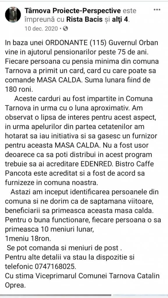 „Gașca lui Farcașiu” de la Târnova este acuzată că și-a însușit din BANII DE MÂNCARE ai pensionarilor care beneficiază de OUG 115/2020 pentru sprijinirea persoanelor defavorizate!