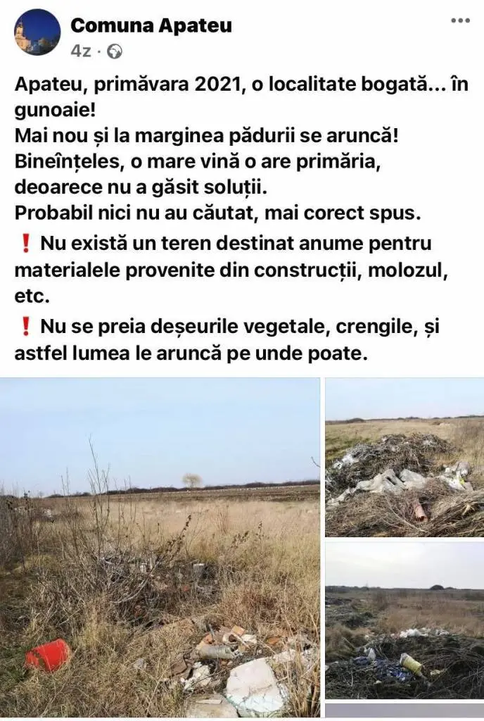 În atenția Gărzii de Mediu Arad: Mândria comunei Apateu, care ar trebui să fie „Aria Protejată ROSPA 0014” e, de fapt, o GROAPĂ de GUNOI care a DISTRUS PĂȘUNEA!