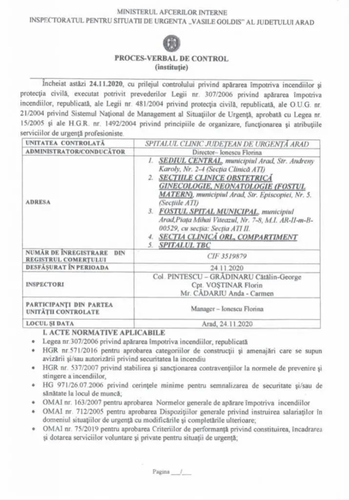 Constatările I.S.U. și D.S.P. sunt mai mult decât îngrijorătoare: Spitalul Județean Arad e „varză” la toate capitolele și POATE LUA FOC oricând! [DOCUMENTE]