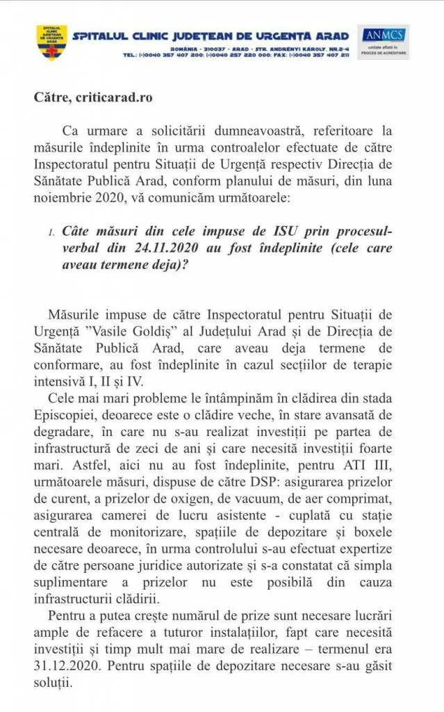 Răspunsul Spitalului Județean Arad în legătură cu măsurile îndeplinite în urma controalelor ISU și DSP