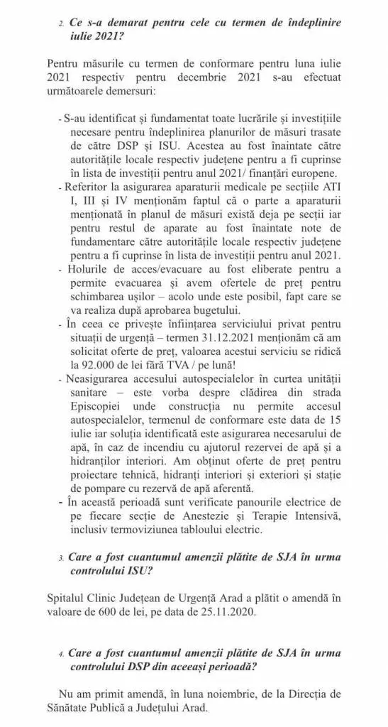 Răspunsul Spitalului Județean Arad în legătură cu măsurile îndeplinite în urma controalelor ISU și DSP