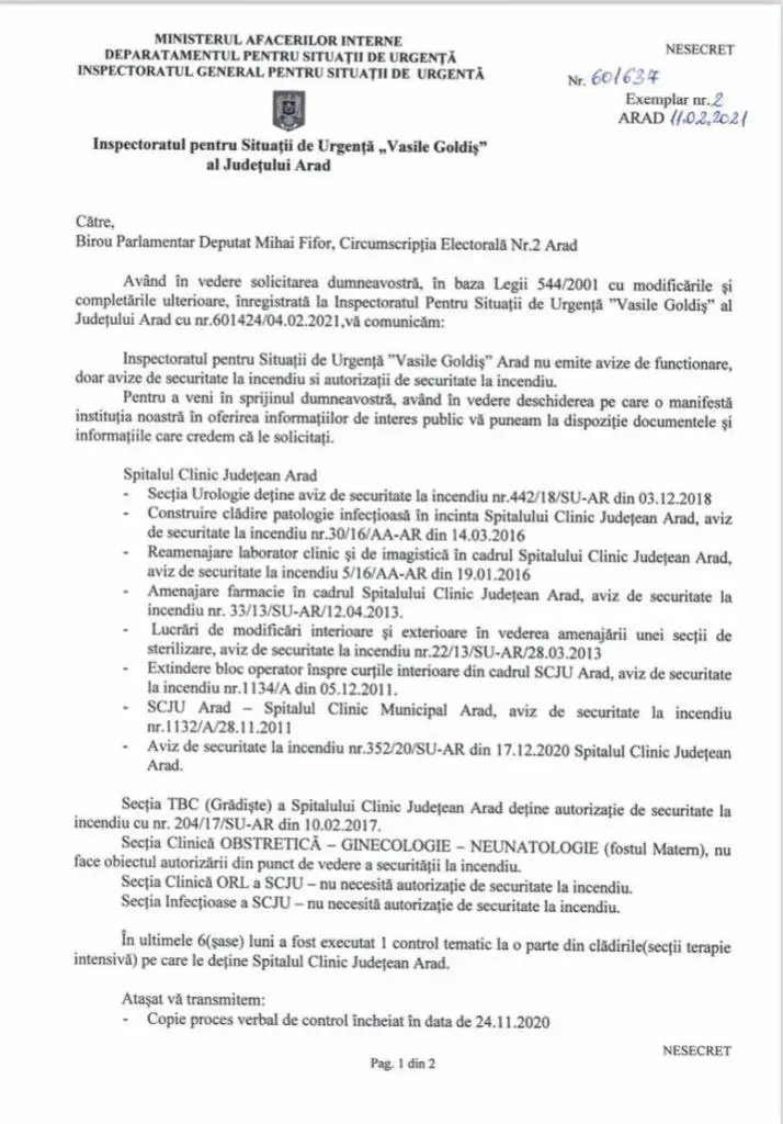 Constatările I.S.U. și D.S.P. sunt mai mult decât îngrijorătoare: Spitalul Județean Arad e „varză” la toate capitolele și POATE LUA FOC oricând! [DOCUMENTE]