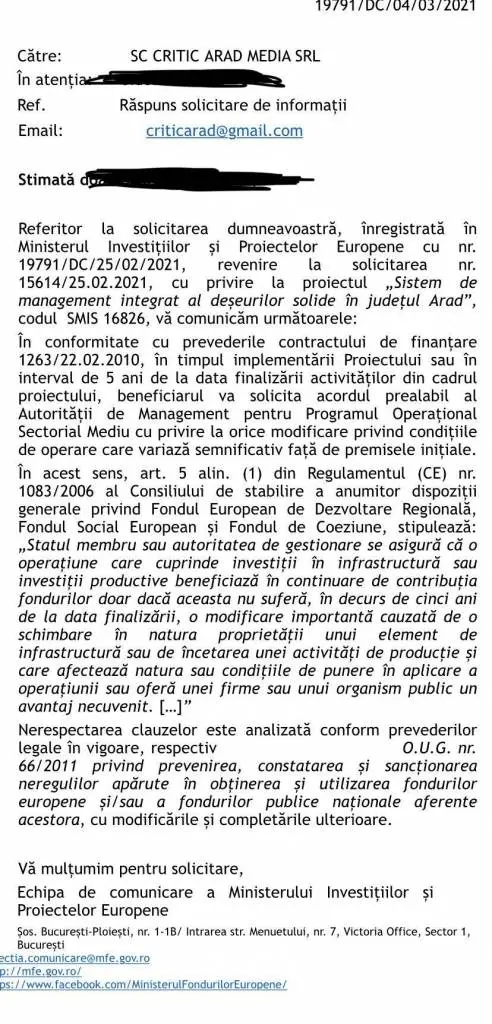 HAOSUL PENAL din proiectul „Sistem de management integrat al deșeurilor solide în județul Arad” - ZONA 1