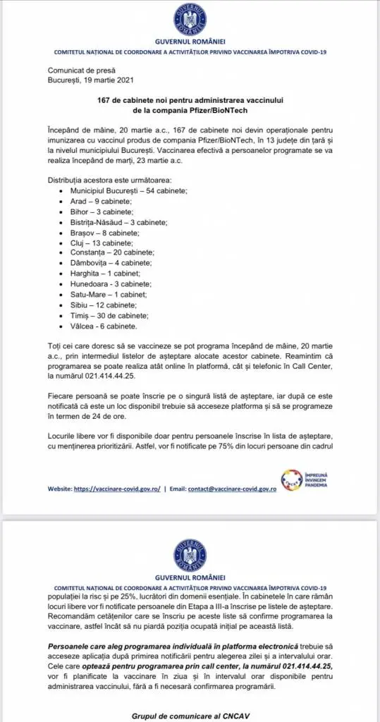 S-au deschis 9 cabinete pentru imunizarea cu vaccinul Pfizer/BioNTech: 4 în municipiul Arad și 5 în județ