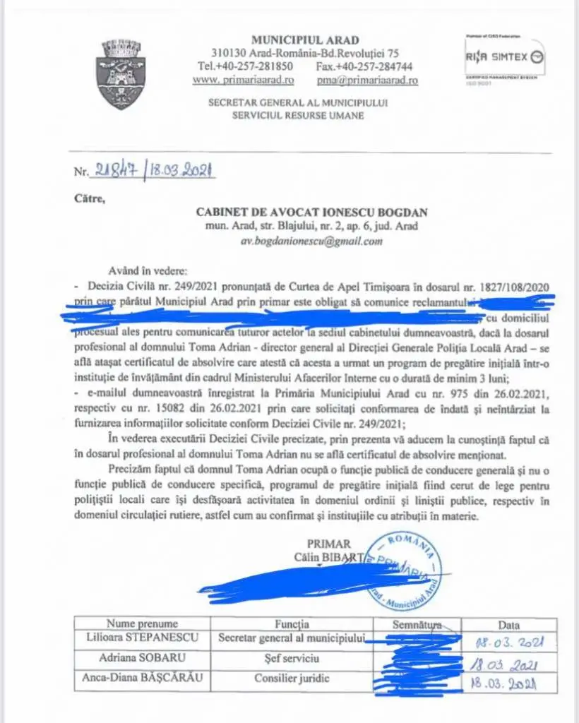 „La dosarul profesional al domnului director Toma Adrian NU se află certificatul de absolvire”... dar ilegalitatea asta nu-l împiedică să rămână pe funcție