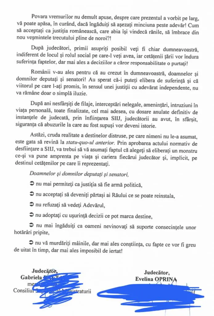 Judecătoarele Gabriela Baltag și Evelina Oprina fac un apel către parlamentari să NU VOTEZE PENTRU DESFIINȚAREA SIIJ [DOCUMENTE]