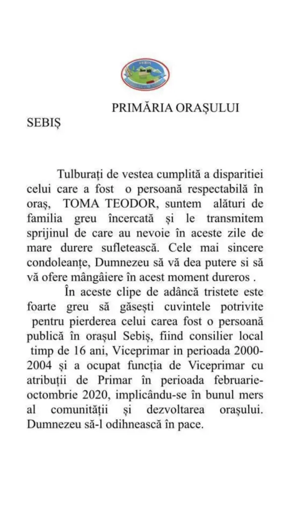 Fostul viceprimar al orașului Sebiș, Teodor TOMA, a încetat din viață, intubat pe Secția A.T.I. COVID