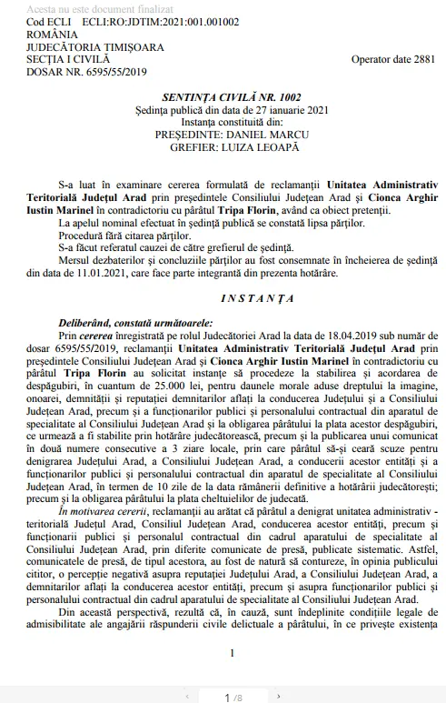 „Doctorul în drept” Iustin CIONCA a pierdut procesul cu „pădurarul” Florin TRIPA [SENTINȚA-DOCUMENT]