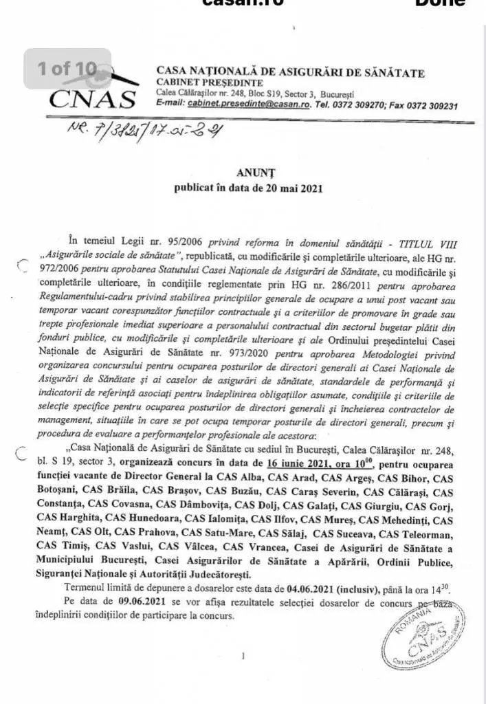 O nouă sesiune de concurs pentru ocuparea funcțiilor vacante de Director General la CAS va avea loc în 16 iunie
