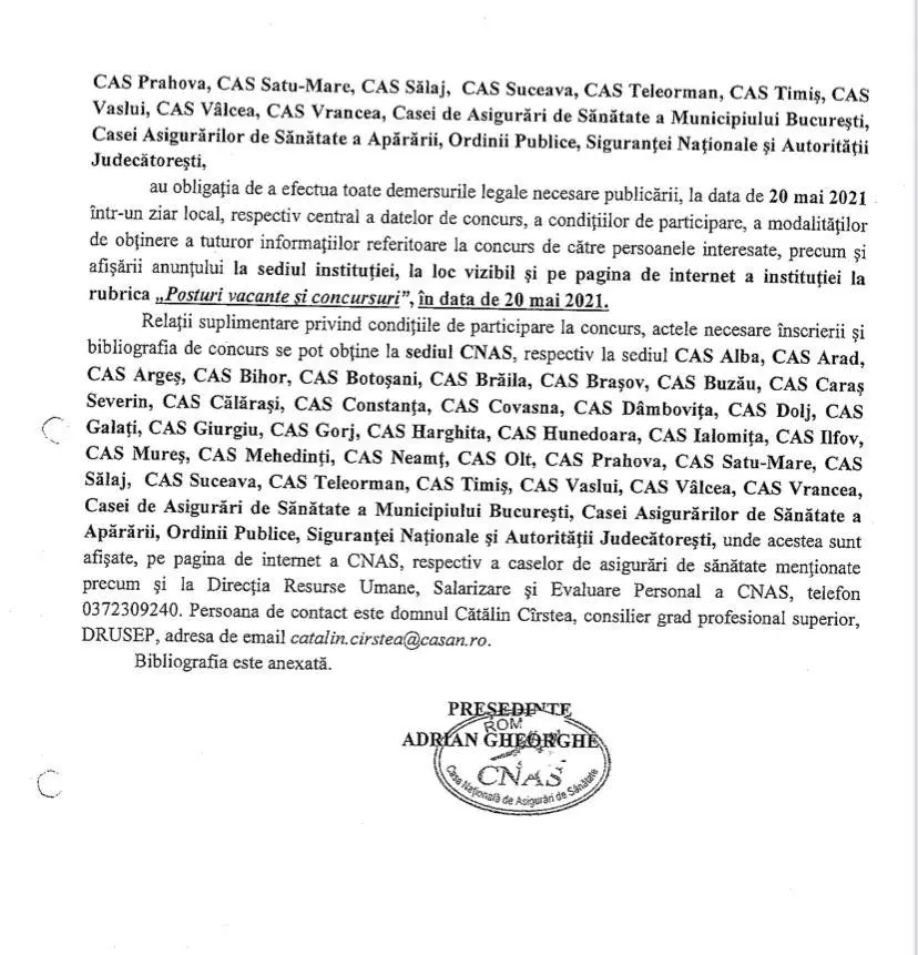 O nouă sesiune de concurs pentru ocuparea funcțiilor vacante de Director General la CAS va avea loc în 16 iunie