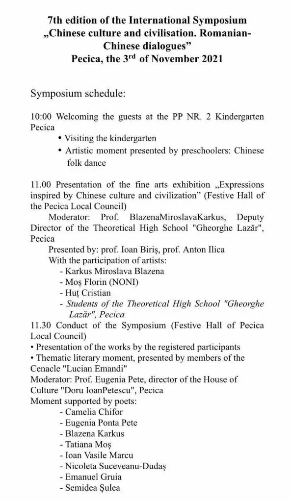Lucrările care vor fi prezentate în cadrul Simpozionului Internațional „Cultura și civilizația chineză. Dialoguri româno-chineze“ de la Pecica și programul evenimentului
