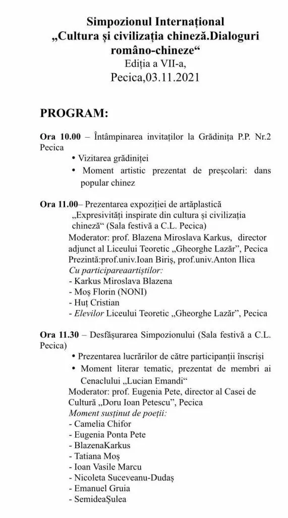 Lucrările care vor fi prezentate în cadrul Simpozionului Internațional „Cultura și civilizația chineză. Dialoguri româno-chineze“ de la Pecica și programul evenimentului