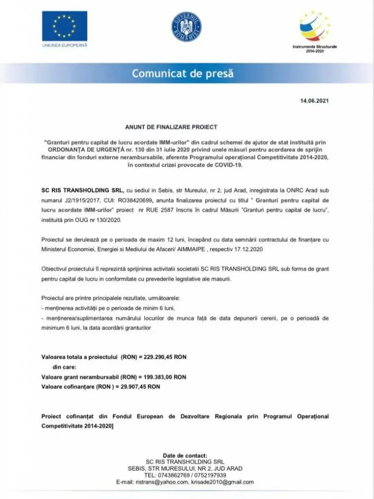 SC RIS TRANSHOLDING SRL - ANUNȚ DE FINALIZARE PROIECT: „Granturi pentru capital de lucru acordate IMM-urilor”
