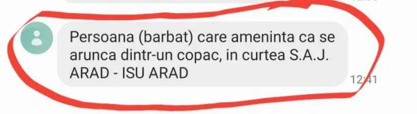 [ACTUALIZARE] Nimerit într-un copac, plin de tăieturi, pacientul care a sărit de la etajul II al Spitalului Județean a reușit să fie coborât cu ajutorul unui agent de pază și dus înapoi la Psihiatrie