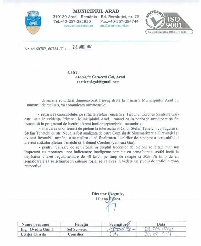 La solicitarea Asociației Gai Cartierul Nostru, Primăria Arad a introdus în programul de lucrări repararea carosabilului pe două dintre străzi și marcarea unor treceri de pietoni