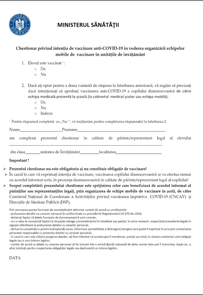 Vezi cum arată chestionarul pentru vaccinarea elevilor minori, validat de Ministerul Sănătății