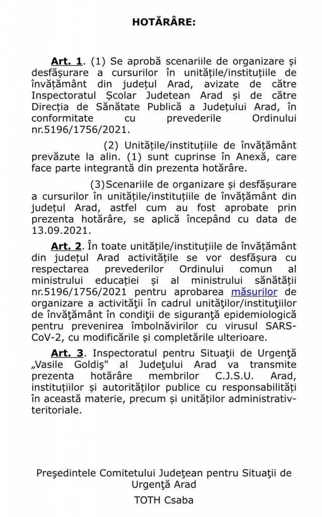 Scenariile aplicabile în școlile din județul Arad la debutul anului școlar