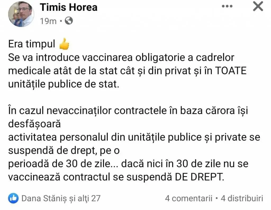 Se află la TRANSPARENȚĂ un Proiect de LEGE care, dacă va fi adoptat, am putea rămâne fără cadre medicale: CINE NU SE VACCINEAZĂ ÎȘI PIERDE JOB-ul!
