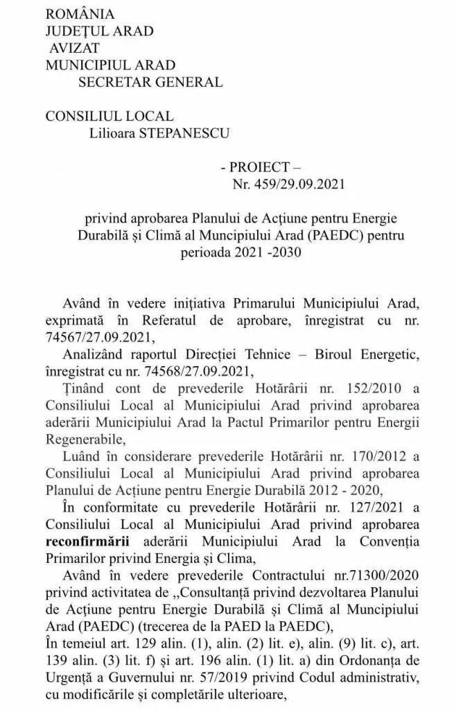 [TRANSPARENȚĂ DECIZIONALĂ] Aprobarea Planului de Acțiune pentru Energie Durabilă și Climă al Municipiului Arad (PAEDC). Până în 16 octombrie se pot depune recomandări, sugestii şi opinii privind acest document