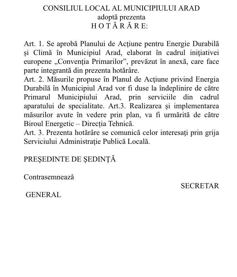 [TRANSPARENȚĂ DECIZIONALĂ] Aprobarea Planului de Acțiune pentru Energie Durabilă și Climă al Municipiului Arad (PAEDC). Până în 16 octombrie se pot depune recomandări, sugestii şi opinii privind acest document