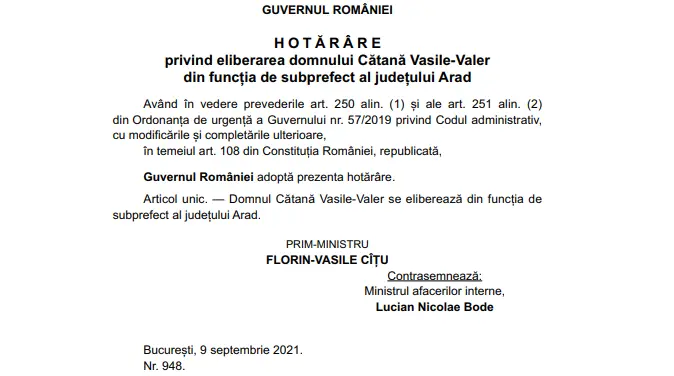 Nu că ar fi observat cineva că l-am avut... dar Cîțu l-a demis pe „al doilea subprefect” al Aradului
