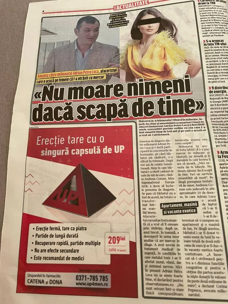 [ACTUALIZARE 2] „Miss Supranaţional Europe 2018” se dă „virgină în mass-media” și somează TOATE PUBLICAȚIILE să șteargă articolele care o vizează în cauzele privind șantajele și tentativa de otrăvire a milionarului Adrian Luca. Cu cele despre „cât e de frumoasă” n-are treabă...