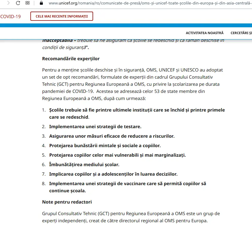DE CE NU RESPECTĂ ROMÂNIA RECOMANDĂRILE OMS Europa, UNESCO și UNICEF?! Școlile au fost transformate în agenți ai vaccinării, iar despre testare nu vorbește nimeni