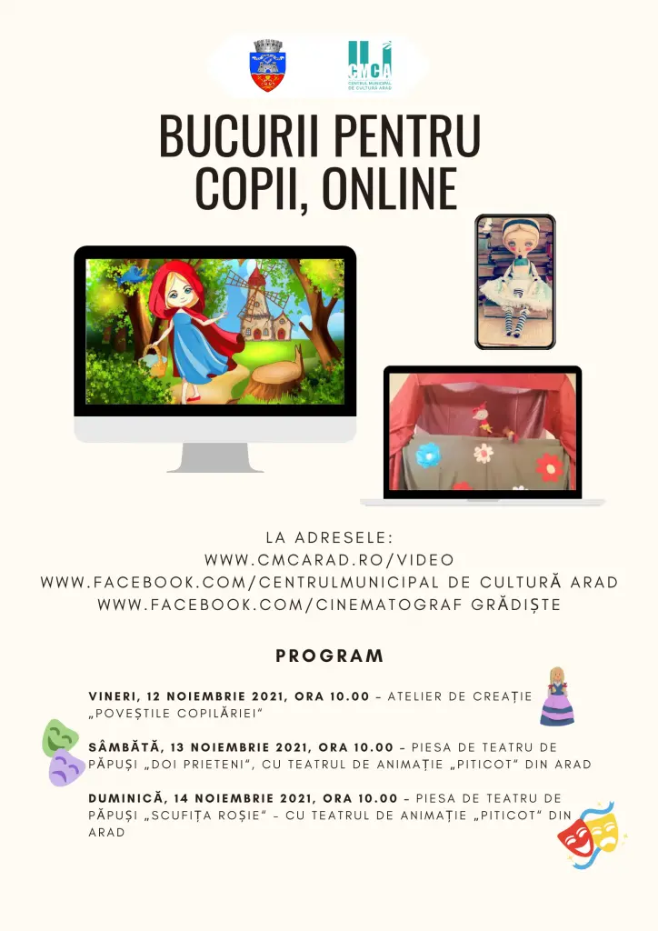 A III-a ediție a atelierelor de creație și teatru de păpuși „Bucurii pentru copii“ se desfășoară online în diminețile de 12, 13 și 14 noiembrie