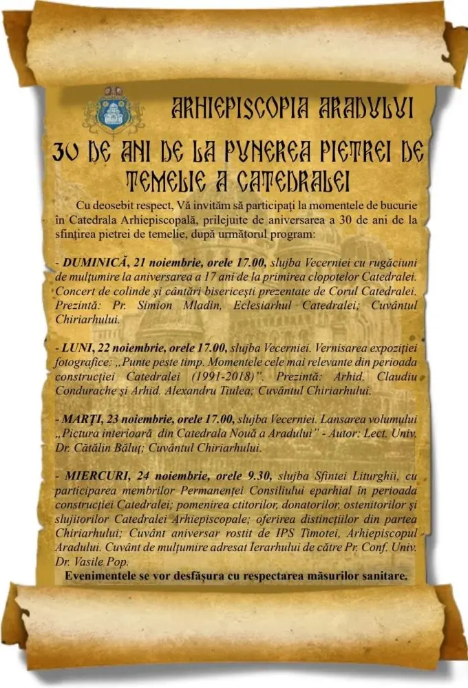 [ACTUALIZARE] Patru zile de excepție prilejuite de împlinirea a 30 de ani de la sfințirea pietrei de temelie a CATEDRALEI ORTODOXE din Arad