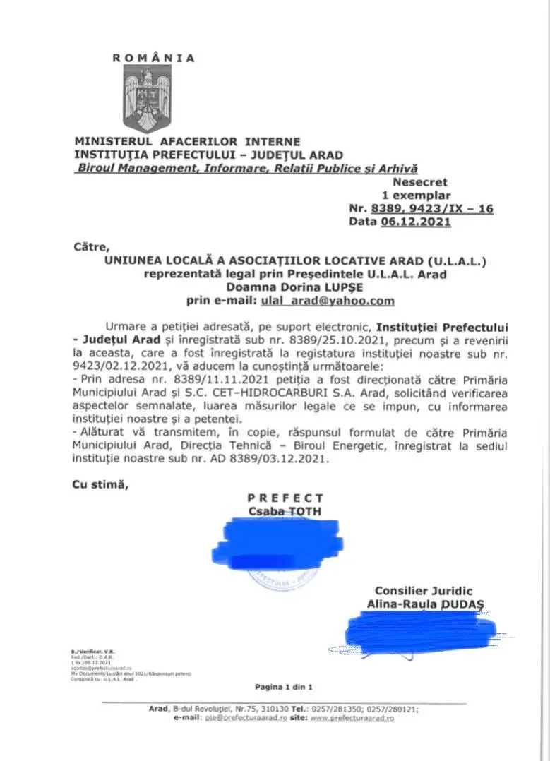 Scandal prin corespondență între ULAL Arad și administrația locală pe tema agentului termic furnizat necorespunzător