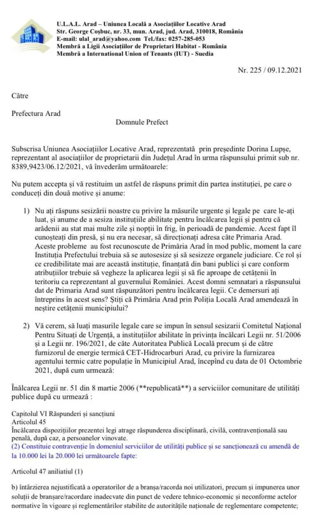 Scandal prin corespondență între ULAL Arad și administrația locală pe tema agentului termic furnizat necorespunzător
