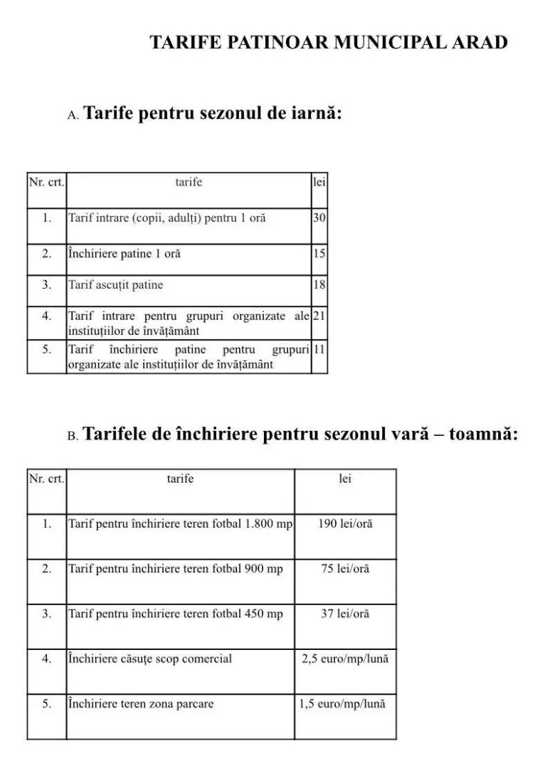[TRANSPARENȚĂ DECIZIONALĂ] Modificarea tarifelor pentru utilizarea zonei de agrement Patinoarul Municipal Arad