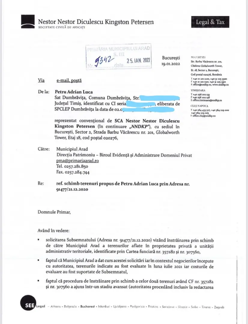 Omul de afaceri Adrian Luca insistă ca Primăria Arad să accepte schimbul pentru cele două terenuri din Zona Industrială - VEZI DOCUMENTUL