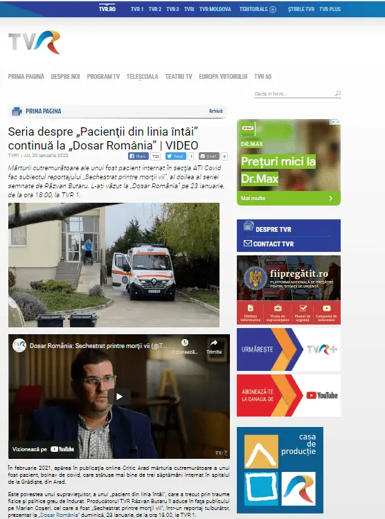 SECHESTRAT PRINTRE MORȚII VII. Înfiorătoarea experiență a arădeanului Marian Coșeri pe A.T.I. Grădiște - povestită la TVR în emisiunea DOSAR ROMÂNIA. Din CULISELE unei lupte cu „zmeii pandemiei” deghizați în „îngeri cu halate”