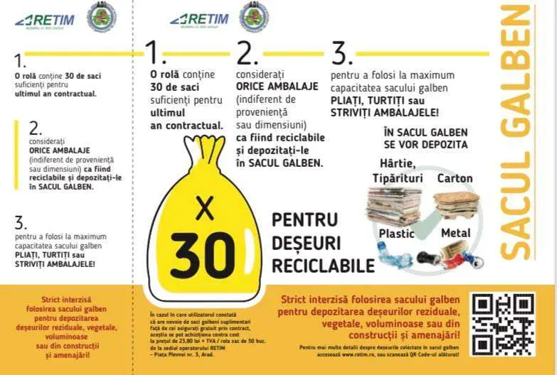 Sacii galbeni pentru deșeurile reciclabile sunt distribuiți gratuit către abonații RETIM din mediul rural