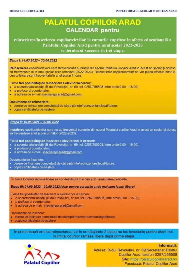 Palatul Copiilor Arad dă startul (re)înscrierilor la cursurile pentru anul școlar 2022-2023