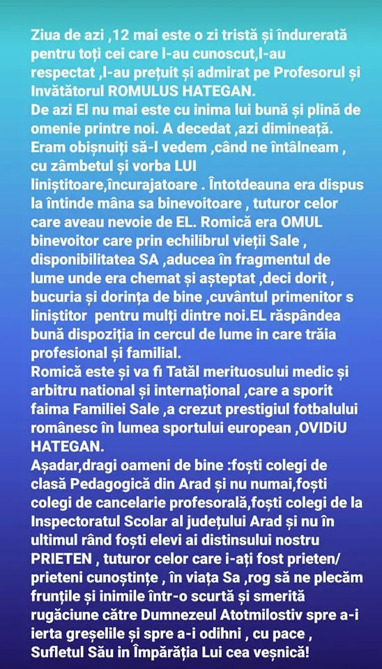 Romulus Hațegan, unul dintre cei mai îndrăgiți profesori din Arad, tatăl arbitrului internațional Ovidiu Hațegan, a încetat din viață