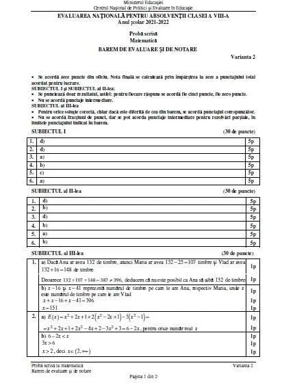 [ACTUALIZARE 2] Evaluare Națională 2022 - BAREM la MATEMATICĂ