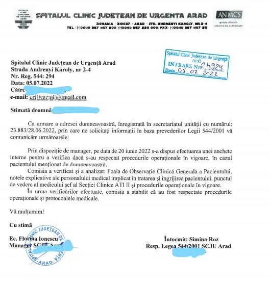 [ACTUALIZARE 3] Răspuns de un CINISM SOVIETIC remis de Spitalul Județean Arad la întrebările noastre privind pacientul mâncat de viermi