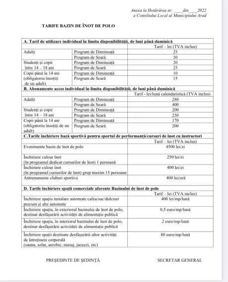 Proiectele de hotărâre pentru modificarea tarifelor aferente Bazinului de înot / de polo, Stadionului Francisc Neuman și Ștrandului Neptun se află la transparență