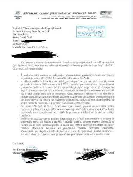LISTA OFICIALĂ CU INFECȚIILE NOSOCOMIALE din Spitalul Județean Arad și NUMĂRUL DE CAZURI din ultimii doi ani