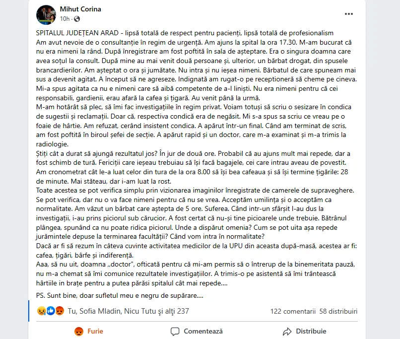 [ACTUALIZARE] Mai bine tăceau!... „Nota explicativă” elaborată de șeful U.P.U. după autosesizarea Spitalului Județean Arad este la fel de jignitoare și plină de minciuni ca și „tratamentul” în sine