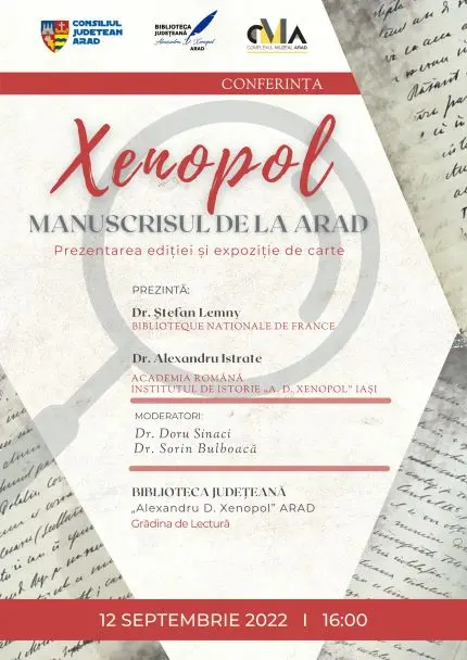 „Xenopol. Manuscrisul de la Arad” - luni, 12 septembrie, în Grădina de Lectură a Bibliotecii Județene