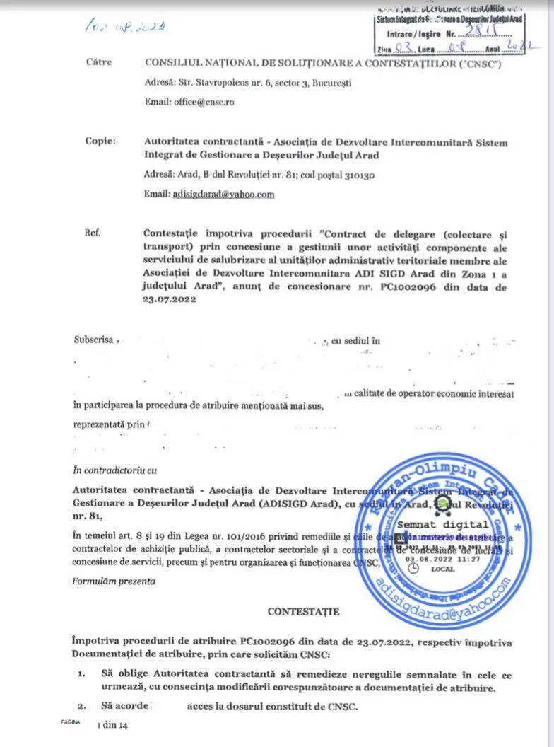 Procedura pentru atribuirea contractului de salubrizare în Zona 1 (inclusiv în municipiu) este suspendată. RETIM a contestat mai multe prevederi ale documentației