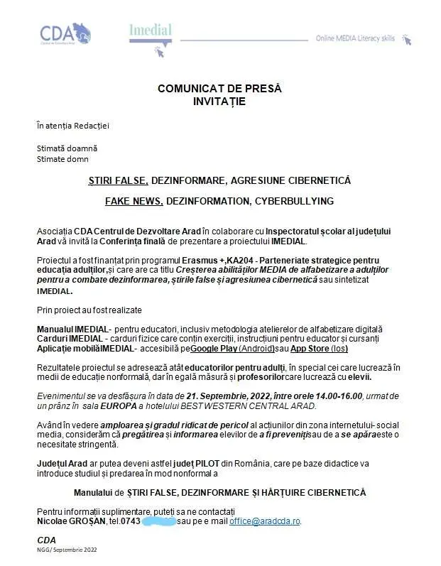 Aradul - JUDEȚ PILOT pentru pregătirea pe baze didactice în domeniul ȘTIRILOR FALSE, DEZINFORMĂRII și AGRESIUNLOR CIBERNETICE