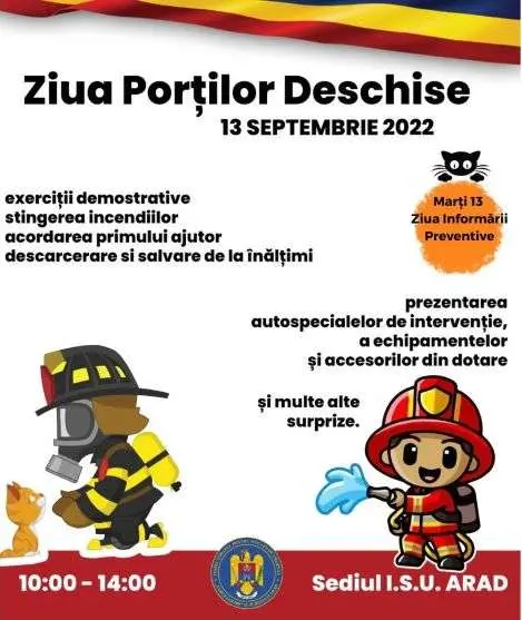 ISU Arad își deschide porțile: 13 Septembrie – Ziua Pompierilor din România și Ziua Informării Preventive