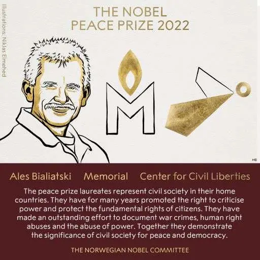 Belarusul Ales Bialiațki, organizația rusă Memorial și Centrul pentru libertăți civile din Ucraina au primit Premiul Nobel pentru Pace